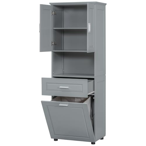JIVOIT 70" H Tall Bathroom Cabinet with Laundry Basket, Double Cabinets with Doors and Open Storage Space, Tilt-Out Laundry Hamper and Upper Storage Cabinet (Grey * 102) - color: Grey * 102
