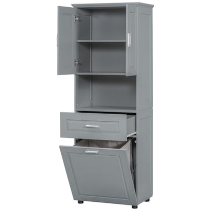 JIVOIT 70" H Tall Bathroom Cabinet with Laundry Basket, Double Cabinets with Doors and Open Storage Space, Tilt-Out Laundry Hamper and Upper Storage Cabinet (Grey * 102) - color: Grey * 102
