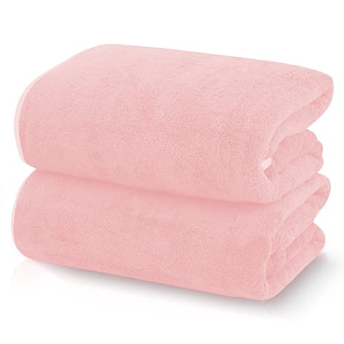TENSTARS Silk Hemming Bath Towels for Bathroom Clearance - 27 x 55 inches - Light Thin Quick Drying - Soft Microfiber Absorbent Towel for Bath Fitness, Sports, Yoga, Travel, Gym - 2 Pack, Pink - color: Pink, size: 2 Piece Bath Towels