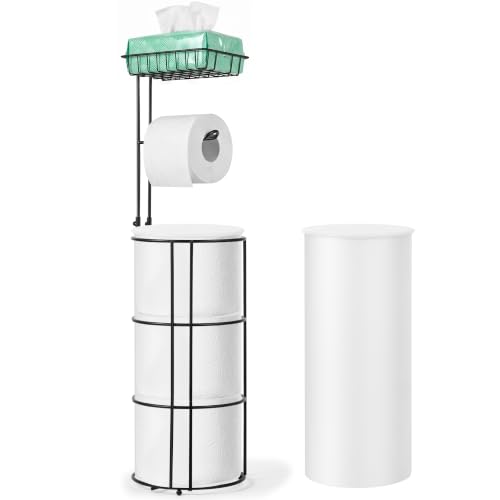 Toilet Paper Holder Stand and Tissue Paper Roll Dispenser with Basket for Bathroom Storage Holds Reserve, Black
