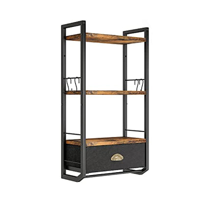 Bathroom Storage Organizer Wall Mounted, 3 Tier Bathroom Towel Rack Shelf with Storage Drawer Double Towel Bars and Hooks, Industrial Bathroom Shelves Over Toilet, Rustic Black and Brown (A)