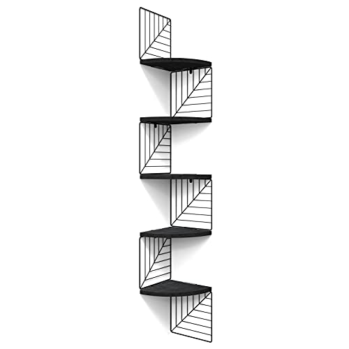 Love-KANKEI Corner Wall Shelf 5 Tier,Solid Wood/Metal Bracket,51"Tall,Black | Easy to Install,Leaf-Shaped Floating Wall Shelves,Capacity 44 Lbs,For Bedroom Living Room Bathroom Kitchen Office,Display - color: Black
