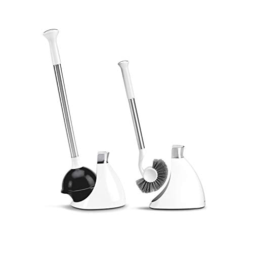 simplehuman Toilet Plunger and Toilet Brush Set with Holder, Magnetic Drip-Free Covers, Crescent Brush Head and Modern-Toilet Plunger Flange, Hidden Dome Storage, Stainless Steel, White - color: White, style: Plunger and Brush Bundle