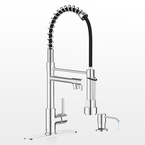 Kitchen Faucet with Soap Dispenser, Kitchen Faucet with Deck Plate and Dual Function Spray Head, Chrome Faucet for Camper Farmhouse RV Kitchen Sink, Single Handle Stainless Steel Sink Faucet - color: E.Chrome Polished, style: 1.Faucet+Soap Dispenser+Hole