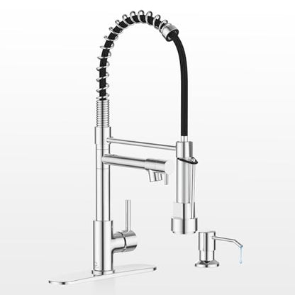 Kitchen Faucet with Soap Dispenser, Kitchen Faucet with Deck Plate and Dual Function Spray Head, Chrome Faucet for Camper Farmhouse RV Kitchen Sink, Single Handle Stainless Steel Sink Faucet - color: E.Chrome Polished, style: 1.Faucet+Soap Dispenser+Hole