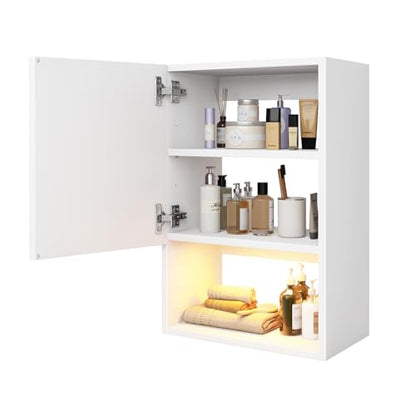 Wall Mounted Storage Cabinet with LED Light, Bathroom Over Toilet Organizer | White Waterproof Cabinets With Adjustable Shelves, Soft Close, For Bathroom Kitchen Medicine Small Spaces, Easy to Assemble - color: White