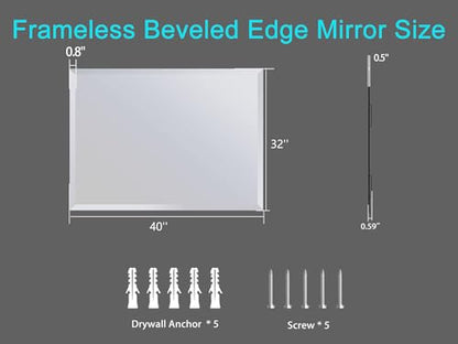 32x40 Inch Bathroom Mirror Frameless Beveled Edge Rectangle Wall Mirror Explosion Proof and Shatterproof Bathroom Vanity Mirror Wall Mounted Hang Firmly (Horizontal or Vertical) - size: 32"L x 40"W