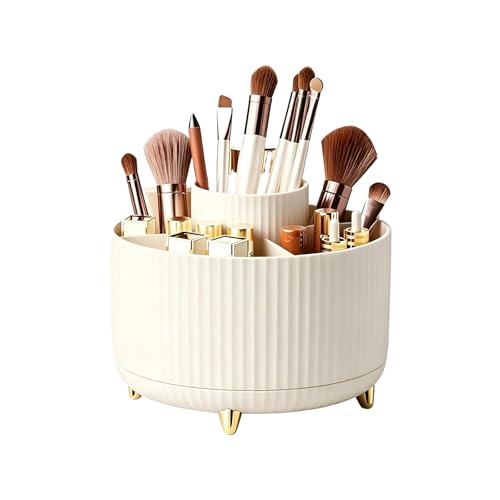 360 Rotating Makeup Brush Holder Organizer, 5-Slot Spinning Cosmetics Cup for Makeup Brushes, Nail Polish & Art Supply, Bathroom Vanity Desktop Caddy, Beige