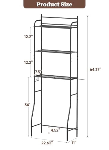 3-Tier Over The Toilet Storage, Bathroom Organizer, Space-Saving, Above Toilet Storage Rack with 4 Hooks and Paper Holder, Metal Shelf, Black - size: 3 Tier-Black