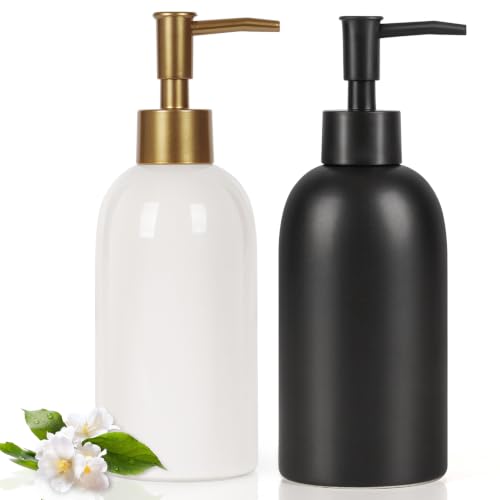 14OZ Hand and Dish Soap Dispenser Set for Bathroom & Kitchen (White+Black) | Ceramic, Pump Dispenser Bottle, Refillable Hand Soap, Dish Soap, Liquid and Lotion, for Kitchen Sink, Bath, Bedroom - color: White+black