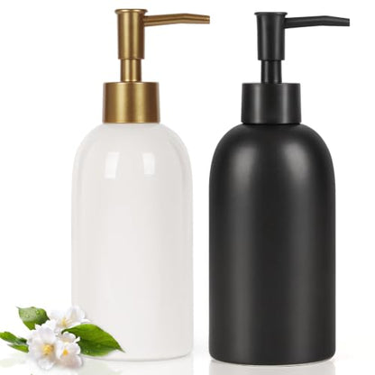 14OZ Hand and Dish Soap Dispenser Set for Bathroom & Kitchen (White+Black) | Ceramic, Pump Dispenser Bottle, Refillable Hand Soap, Dish Soap, Liquid and Lotion, for Kitchen Sink, Bath, Bedroom - color: White+black