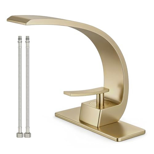 Modern Brushed Gold Bathroom Sink Faucet, Single Hole with Deck Plate | Premium Solid Brass, Single Handle, Fits 1 or 3 Hole, Supply Lines, for Vanity, RV, Farmhouse & Commercia - color: Brushed Gold