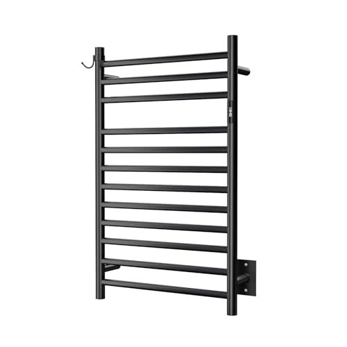 Wall Mounted Towel Warmer 12 Bars with Plug-in and Hardwired Options 3 Working Modes Black Stainless Steel 21” W 34” H - color: Black