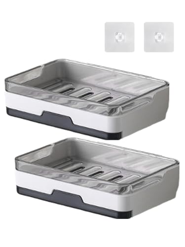2 pcs Self Adhesive Soap Dish with Drawer-Type Drip Tray and 2 No-Trace Adhesive Pad, Wall Mounted Soap Holder Shower Sink Bar Soap Sponge Holder Tray Rack(White)