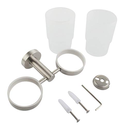 Double Toothbrush Holder, Angle Simple SUS304 Stainless Steel Wall Mounted Glass Tumbler Holder with Frosted Glass Cup Toothpaste Razor Organizer Bathroom Storage, Brushed Nickel - color: Brushed Steel