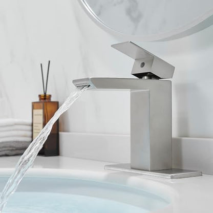RUMOSE Bathroom Faucets 1 & 3 Hole Vanity Faucet with Drain Brushed Nickel | Single Handle Bathroom Sink Faucet Set Waterfall Spout Kit with Deck Plate Rv Lavatory Basin Faucet, Stainless Steel - color: Brushed Nickel