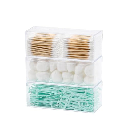 3 Pack Qtip Organizer Container with Lid, Clear, Plastic | Bathroom Vanity Storage Canister, For Cotton Swabs and Balls, Makeup Sponges, Floss Picks, For Countertop, Desk Drawer