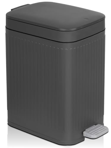 rejomiik Small Bathroom Trash Can with Lid Slim Soft Close Garbage Can Step Wastebasket Container Trash Bin for Office Bedroom Kitchen Living Room (2.6 Gallon Dark Gray) | Garbage Can with Pedal for Office, Bedroom, Kitchen & Living Room, Narrow Plastic W