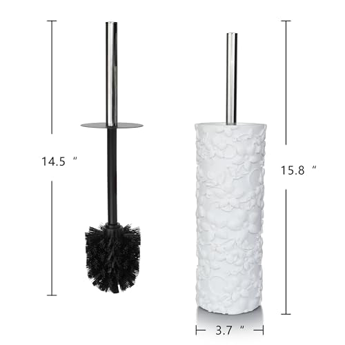 White Floral Design Resin Toilet Bowl Holder and Brush Set, Stylish Bathroom Cleaning Tool with Durable Bristles, Compact and Functional - style: White Floral