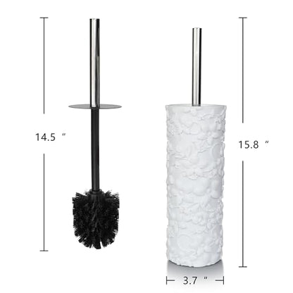White Floral Design Resin Toilet Bowl Holder and Brush Set, Stylish Bathroom Cleaning Tool with Durable Bristles, Compact and Functional - style: White Floral