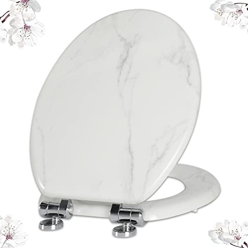 Angel Shield Marble Toilet Seat Durable Molded Wood with Quiet Close,Easy Clean，Quick-Release Hinges (Elongated,White Marble) - color: White Marble-Elongated, size: Elongated-18.5”