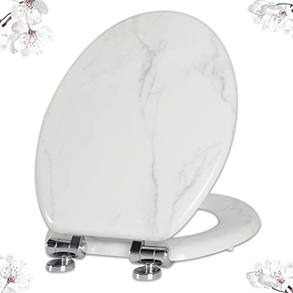Angel Shield Marble Toilet Seat Durable Molded Wood with Quiet Close,Easy Clean，Quick-Release Hinges (Elongated,White Marble) - color: White Marble-Elongated, size: Elongated-18.5”