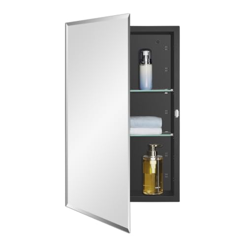 IDYLLOR Black Bathroom Medicine Cabinet with Beveled Edge Mirrored Door 16 x 26 inch, Recessed or Surface Mount, with Adjustable Glass Shelves - color: Matte Black, size: 16x26 inch Beveled Edge Mirror