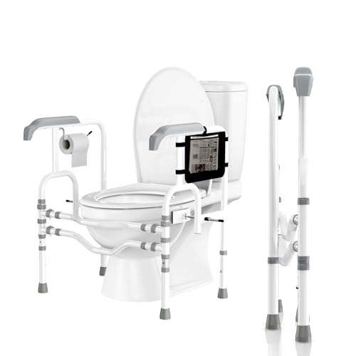 Foldable Toilet Safety Rails for Seniors, Toilet Safety Frame Height Adjustable, Heavy Duty Bathroom Rail with Armrests, Bathroom Safety for Elderly and Disabled(400LBS) - color: White 2