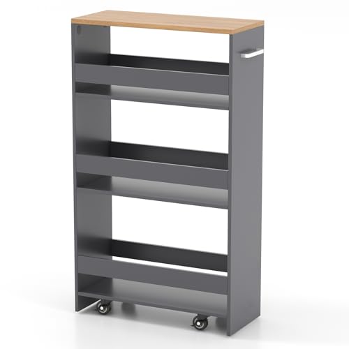 POWERSTONE 4-Tier Slim Storage Cart, Narrow Kitchen Rolling Cart w/Handle & Open Shelves, Skinny Slide Out Utility Organizer Trolley for Kitchen Bathroom Laundry Small Spaces Grey & Natural - color: Grey