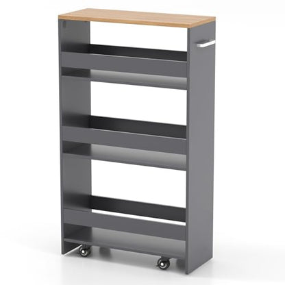 POWERSTONE 4-Tier Slim Storage Cart, Narrow Kitchen Rolling Cart w/Handle & Open Shelves, Skinny Slide Out Utility Organizer Trolley for Kitchen Bathroom Laundry Small Spaces Grey & Natural - color: Grey