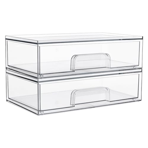 Vtopmart Clear Stackable Storage Drawers, 2 Pack Wide Plastic Organizers | Clear Pull-Out Plastic Drawers, Stackable Design for Makeup Palettes, Cosmetics, Beauty Supplies, Vanity, Cabinet and Desk - style: 2pack Wide