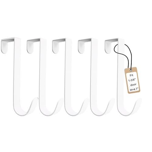 5 Pack Over The Door Hooks(L=4.7"), Over Door Hanger, Heavy Duty No Drill Hanger for Towels, Coats, Hats, Bags in Bathroom, Bedroom, Kitchen, Living Room-White - color: White(5 Pack 4.7")