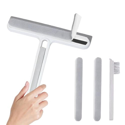 4-in-1 Shower Squeegee for Glass Doors, Silicone Window Squeegee with Foam Brush & Crevice Scraper, Small Bathroom Glass Cleaner Tool for Shower, Mirror, Tile, Window and Kitchen