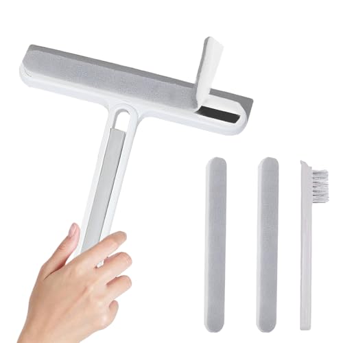 4-in-1 Shower Squeegee for Glass Doors, Silicone Window Squeegee with Foam Brush & Crevice Scraper, Small Bathroom Glass Cleaner Tool for Shower, Mirror, Tile, Window and Kitchen