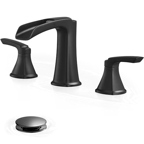 Black Widespread Bathroom Faucet, Brass Waterfall Bathroom Sink Faucet 3 Hole, 2 Handle Bathroom Faucets 8 Inch Faucet for Bathroom Sink Vanity Lavatory Farmhouse RV with Pop-up Drain & Hose - color: Matte Black