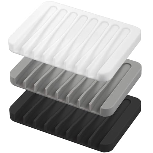Self Draining Soap Dishes, 3 Pcs Silicone Waterfall Drainer Soap Holder for Bathroom, Extend Soap Life Keep Dry Clean & Easy Cleaning (Black, White, Gray) - color: Black/White/Grey