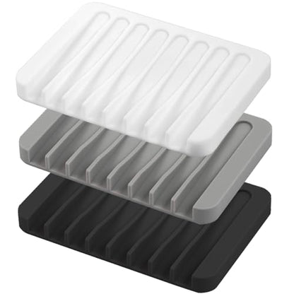 Self Draining Soap Dishes, 3 Pcs Silicone Waterfall Drainer Soap Holder for Bathroom, Extend Soap Life Keep Dry Clean & Easy Cleaning (Black, White, Gray) - color: Black/White/Grey