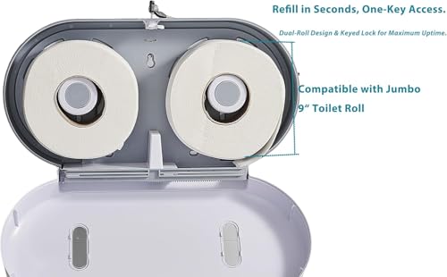 Twin Jumbo Toilet Roll Dispenser: Double 9 Inch Paper Holder Wall Mount with Key Lock for Commercial Office & Public Restrooms, Design by Modunful MD-902-White - color: White, size: 2 Rolls