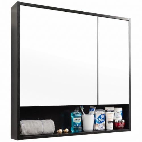 ALIMORDEN Medicine Cabinet with Mirror and Shelves, Oversized Bathroom Wall Storage Organizer Over The Vanity, Toilet, Recessed or Surface Mount, 30.4" L x 29.5" H, Black - color: Black
