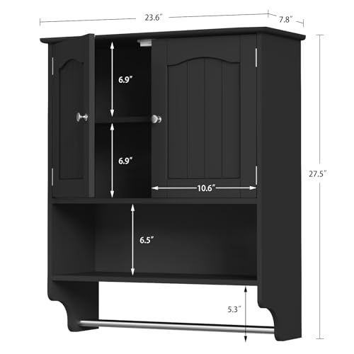 Iwell Bathroom Wall Cabinet with Adjustable Shelf & Doors, Over The Toilet Storage Cabinet, Medicine Cabinet for Bathroom, Laundry Room, Kitchen, Black