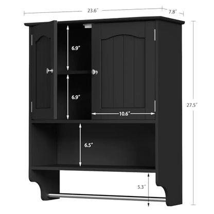 Iwell Bathroom Wall Cabinet with Adjustable Shelf & Doors, Over The Toilet Storage Cabinet, Medicine Cabinet for Bathroom, Laundry Room, Kitchen, Black
