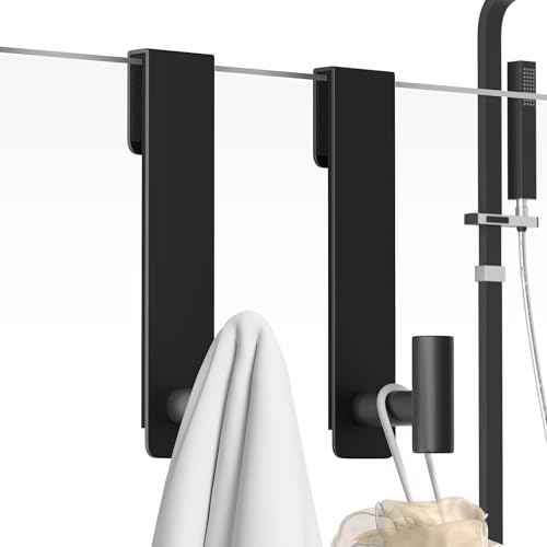 PMMASTO Shower Door Hooks, (7.5 Inch) Extended Towel Hanger for Bathroom Frameless Glass Shower Door, Stainless Steel Heavy Duty Hook for Hanger Robe,Towel (Black T-Shape 2 Pack) - color: Black, size: 7.5 Inch-2 Pack, Fits 3/8" Thick Door