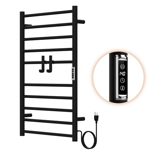 Electric Stainless Steel Warmer Rack Heated Towel Rack with 2 Hooks,Timer Temperature Multi-Level Adjustable Plug-in/Hardwired Hot Towel Rack for Bathroom Spa Gym Hotel (Black, 10-Bar) - color: Black, size: 10-Bar