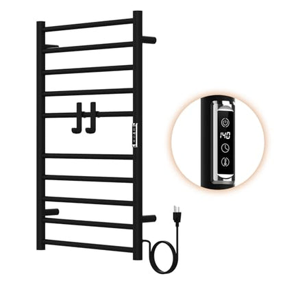 Electric Stainless Steel Warmer Rack Heated Towel Rack with 2 Hooks,Timer Temperature Multi-Level Adjustable Plug-in/Hardwired Hot Towel Rack for Bathroom Spa Gym Hotel (Black, 10-Bar) - color: Black, size: 10-Bar