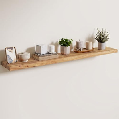 Floating Shelves for Wall, 48in Reclaimed Elm Wood Shelves, Natural | 8" Deep Wall Shelf, Invisible Bracket, Large Long Wall Shelves, Living Room, Bedroom, Kitchen, Bathroom - color: Natural Flat Edge, size: 48 inches - 1P