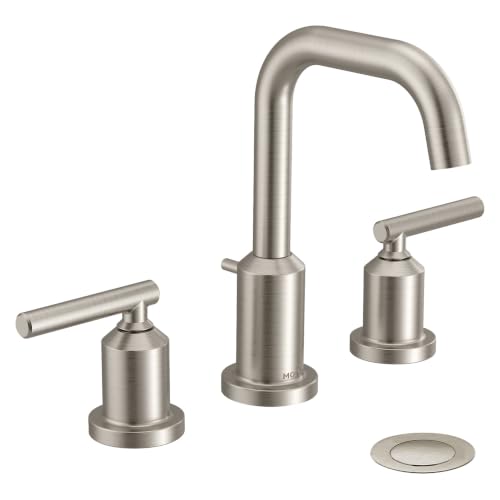 Moen Gibson Two-Handle High Arc Widespread Modern Bathroom Sink Faucet for 3-Hole Setups with Valve Included, Brushed Nickel, TV6142BN - color: Brushed Nickel, style: Valve + Trim