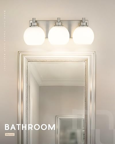3-Light Brushed Nickel Bathroom Vanity Light, Milk Glass Globe Shade | 18" modern bathroom light fixtures over mirror, E26 base, bulbs not included, VL195-BN-ML-3 - color: Brushed Nickel, Milk Glass, size: 3-light