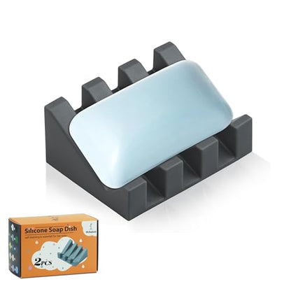 Self Draining Silicone Soap Dish Holder Waterfall Tray, 1 Pack Grey | Waterfall design drains fast to keep soap dry, non-slip silicone base anti slide, soap saver for bathroom & kitchen - color: Grey, size: 1