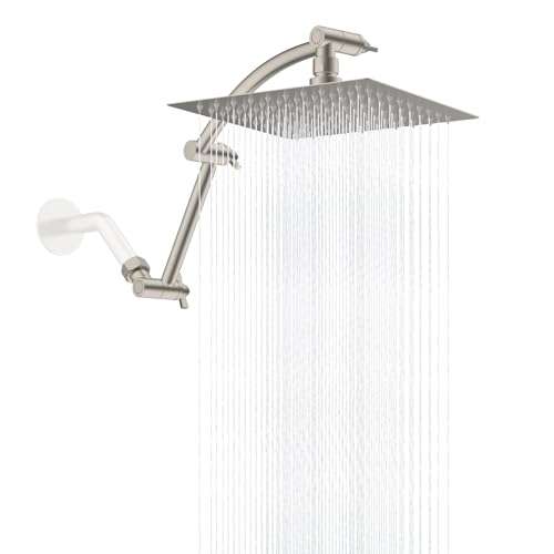 Hibbent All Metal 8'' Rain Shower Head, 16'' Extension Arm, Brushed Nickel | cUPC Certified High Pressure Rainfall Showerhead with Solid Brass Adjustable Shower Head Extension Arm, Fixed Showerheads - color: Brushed Nickel, style: Square 8''