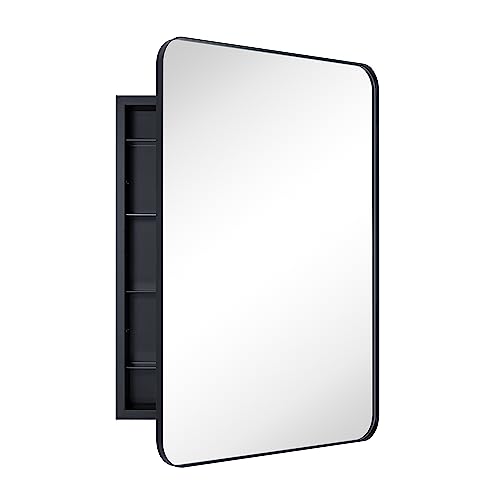 Matt Black Rectangle Recessed Bathroom Medicine Cabinet with Mirror Stainless Steel Metal Framed Rounded Rectangular Bathroom Cabinet with Mirror 24x36'' - color: Matt Black, size: 24'' x 36''